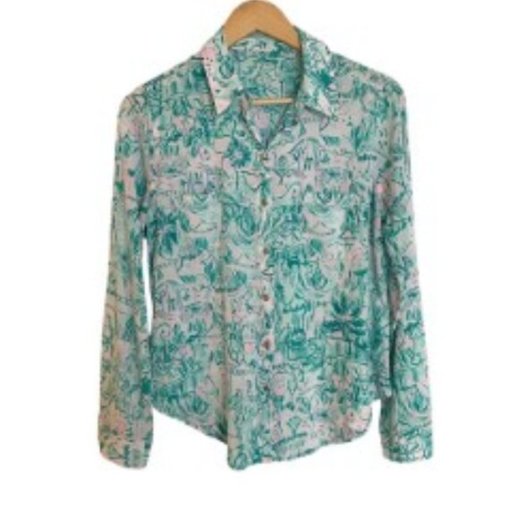 Lilly Pulitzer Sea View Button Down In Agate Green Colorful Camelflage Small - Picture 1 of 5